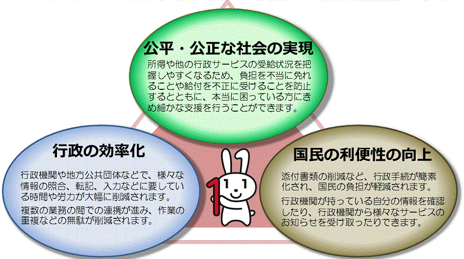 公平・公正な社会の実現、国民の利便性の向上、行政の効率化